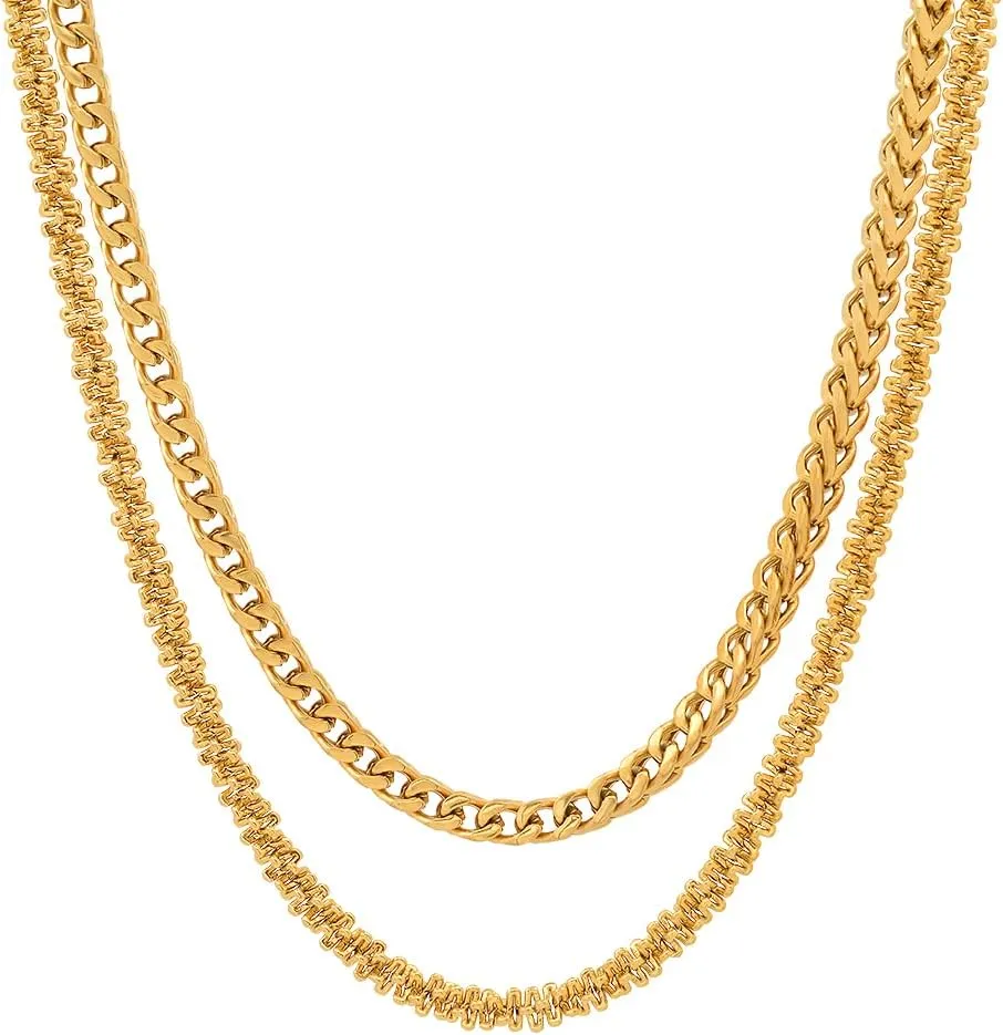 Steeltime Stainless Steel Franco Chain Link   Singapore and Cuban   Rope Double Chain Layered Necklace Stack