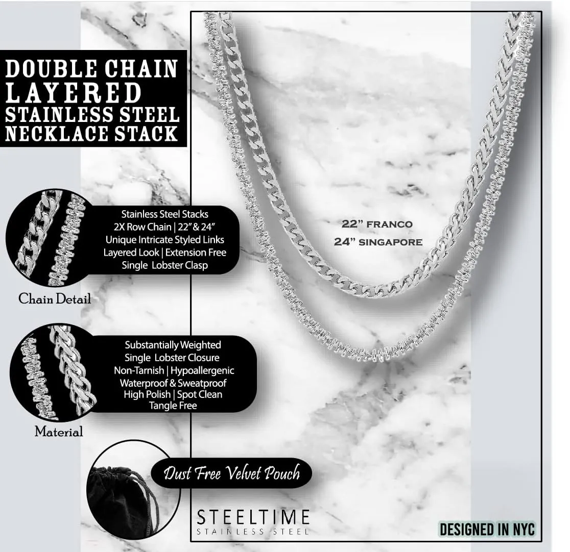 Steeltime Stainless Steel Franco Chain Link   Singapore and Cuban   Rope Double Chain Layered Necklace Stack