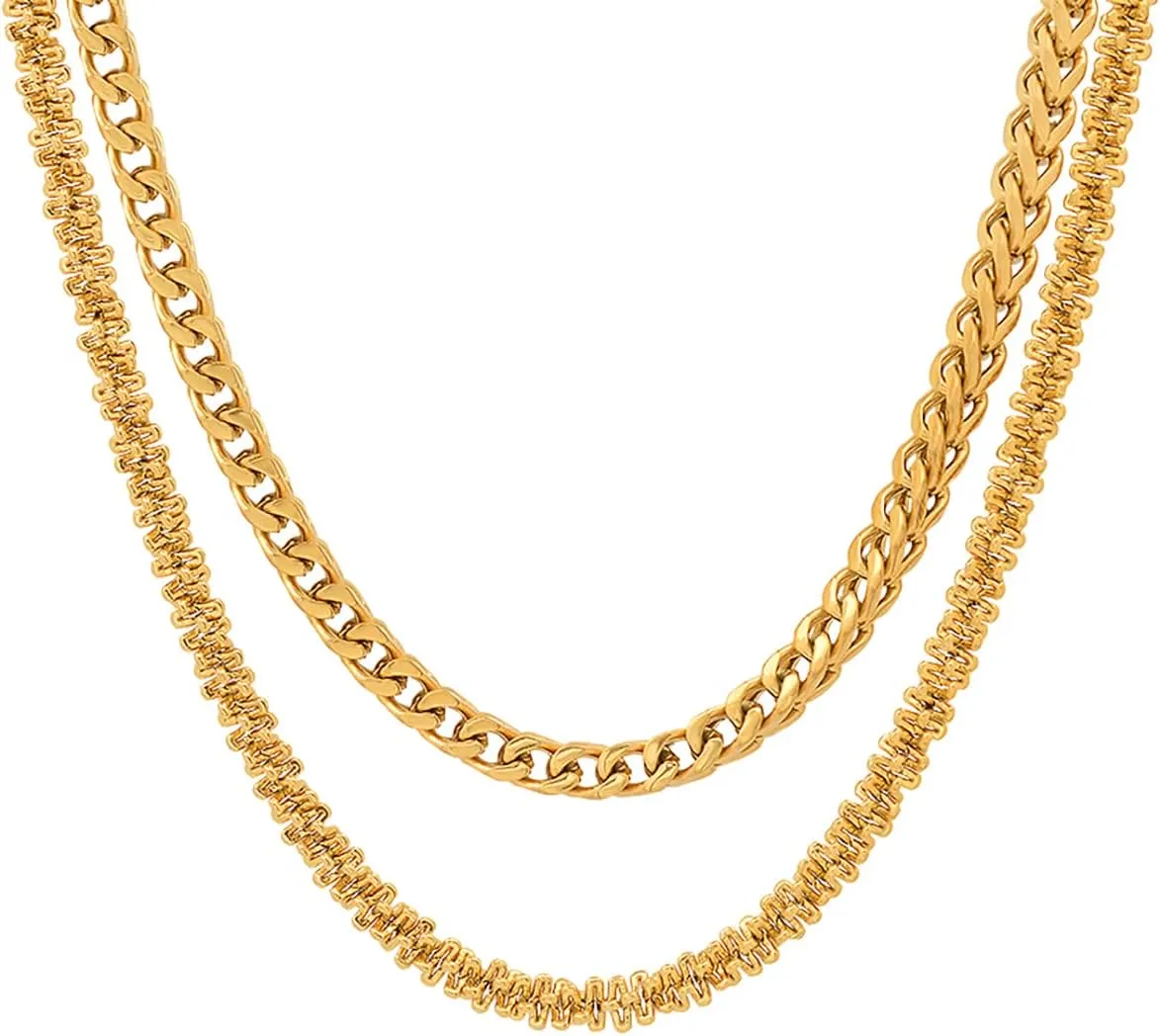 Steeltime Stainless Steel Franco Chain Link   Singapore and Cuban   Rope Double Chain Layered Necklace Stack