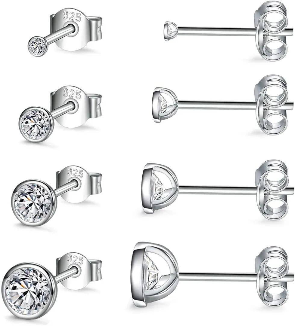 Sterling Silver Stud Earrings for Women Men- 4 Pairs of Hypoallergenic Small White Gold Plated Cubic Zirconia Cartilage Earrings Jewelry Sets (2mm/3mm/4mm/5mm)