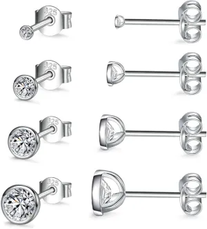 Sterling Silver Stud Earrings for Women Men- 4 Pairs of Hypoallergenic Small White Gold Plated Cubic Zirconia Cartilage Earrings Jewelry Sets (2mm/3mm/4mm/5mm)