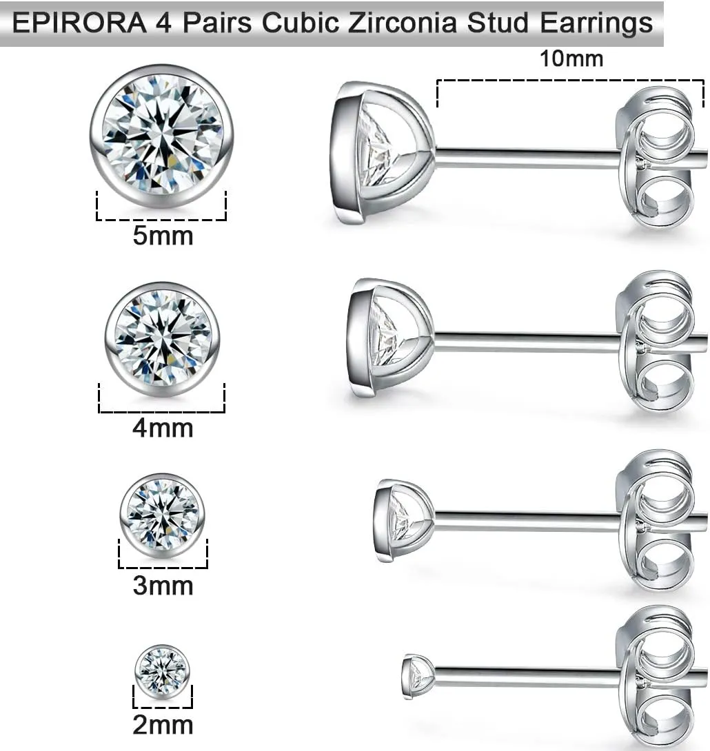 Sterling Silver Stud Earrings for Women Men- 4 Pairs of Hypoallergenic Small White Gold Plated Cubic Zirconia Cartilage Earrings Jewelry Sets (2mm/3mm/4mm/5mm)