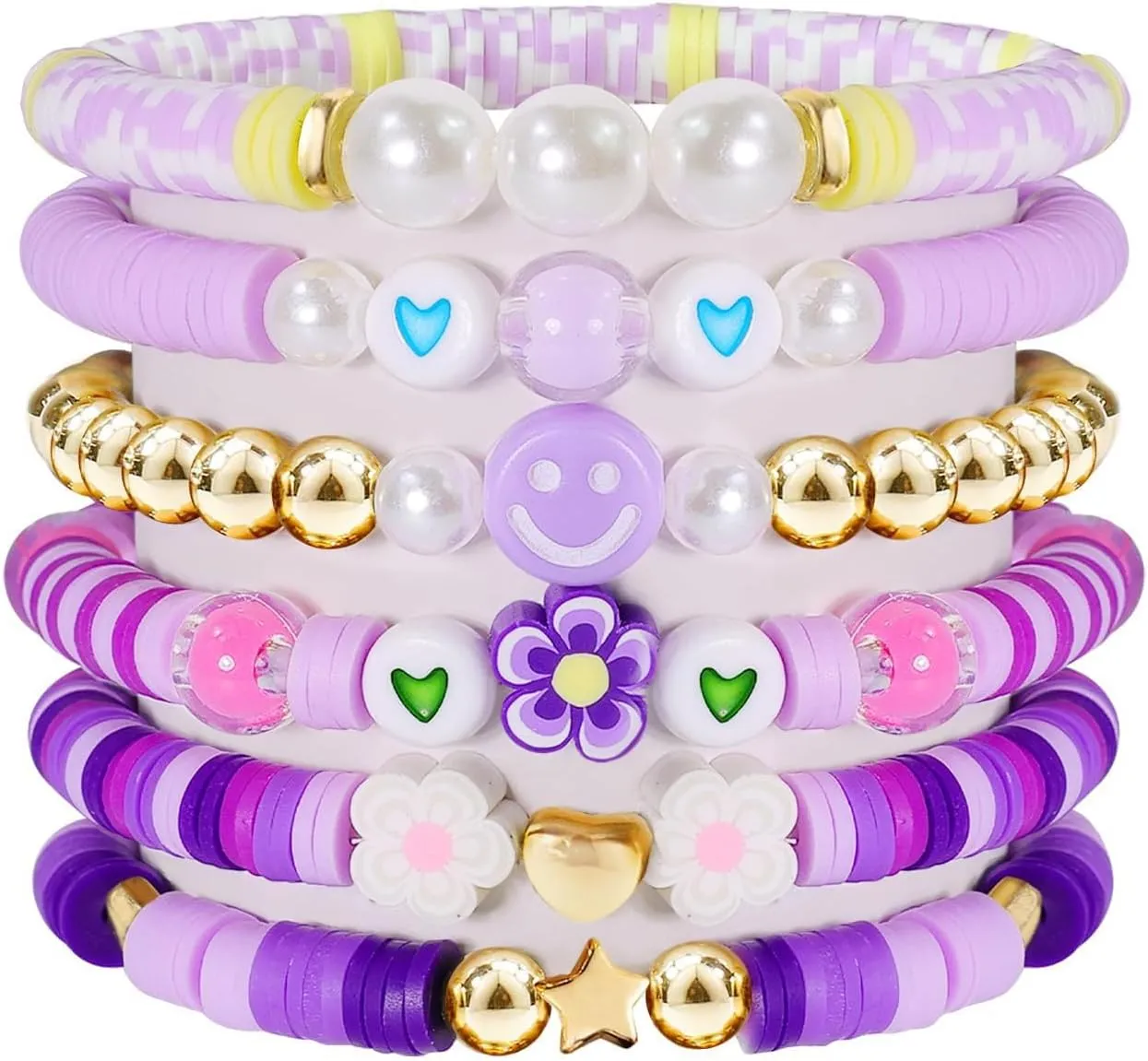 Surfer Stackable Bracelets for Women Colorful Stretch Friendship Bracelets Set Face Evil Eye Polymer Clay Beaded Summer Beach Jewelry for Women