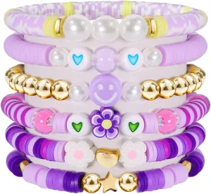 Surfer Stackable Bracelets for Women Colorful Stretch Friendship Bracelets Set Face Evil Eye Polymer Clay Beaded Summer Beach Jewelry for Women