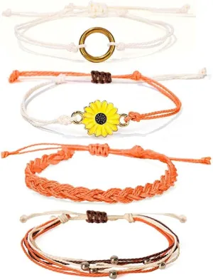 tenghong2021 4 Pcs Summer Surfer Wave Anklet Bracelets Sunflower Adjustable String Rope Bracelet Waterproof Handmade Sunflower Bracelets Jewelry for Women Girls