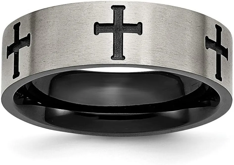 Titanium 7mm Religious Faith Cross Black Plated Brushed and Polished Band Ring Size 13-Band Style-Ring for Women and Men