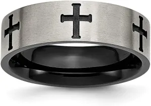 Titanium 7mm Religious Faith Cross Black Plated Brushed and Polished Band Ring Size 13-Band Style-Ring for Women and Men