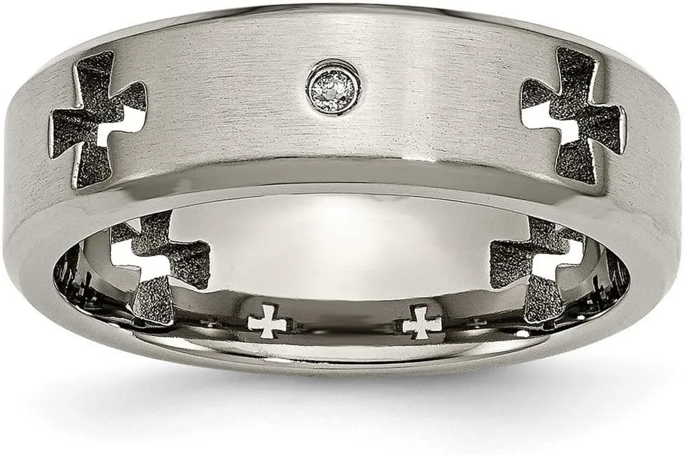 Titanium Brushed Polished edges Irish Claddagh Celtic Trinity Knot Religious Faith Cross Cut Out with Diamond 7mm Band Ring Size 8.5 - Jewelry Gift for Mom