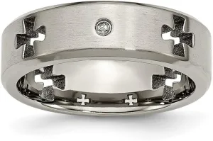 Titanium Brushed Polished edges Irish Claddagh Celtic Trinity Knot Religious Faith Cross Cut Out with Diamond 7mm Band Ring Size 8.5 - Jewelry Gift for Mom