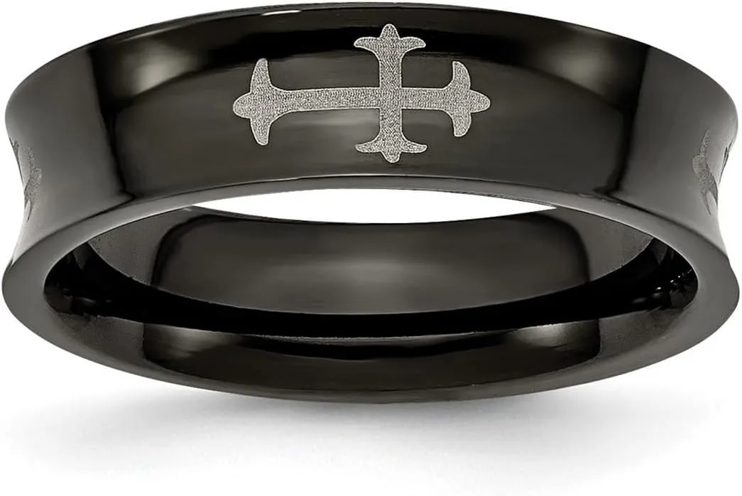 Titanium Concave Polished Religious Faith Crosses and Black Plated 6mm Band Ring Size 13-Band Style-Ring for Women and Men