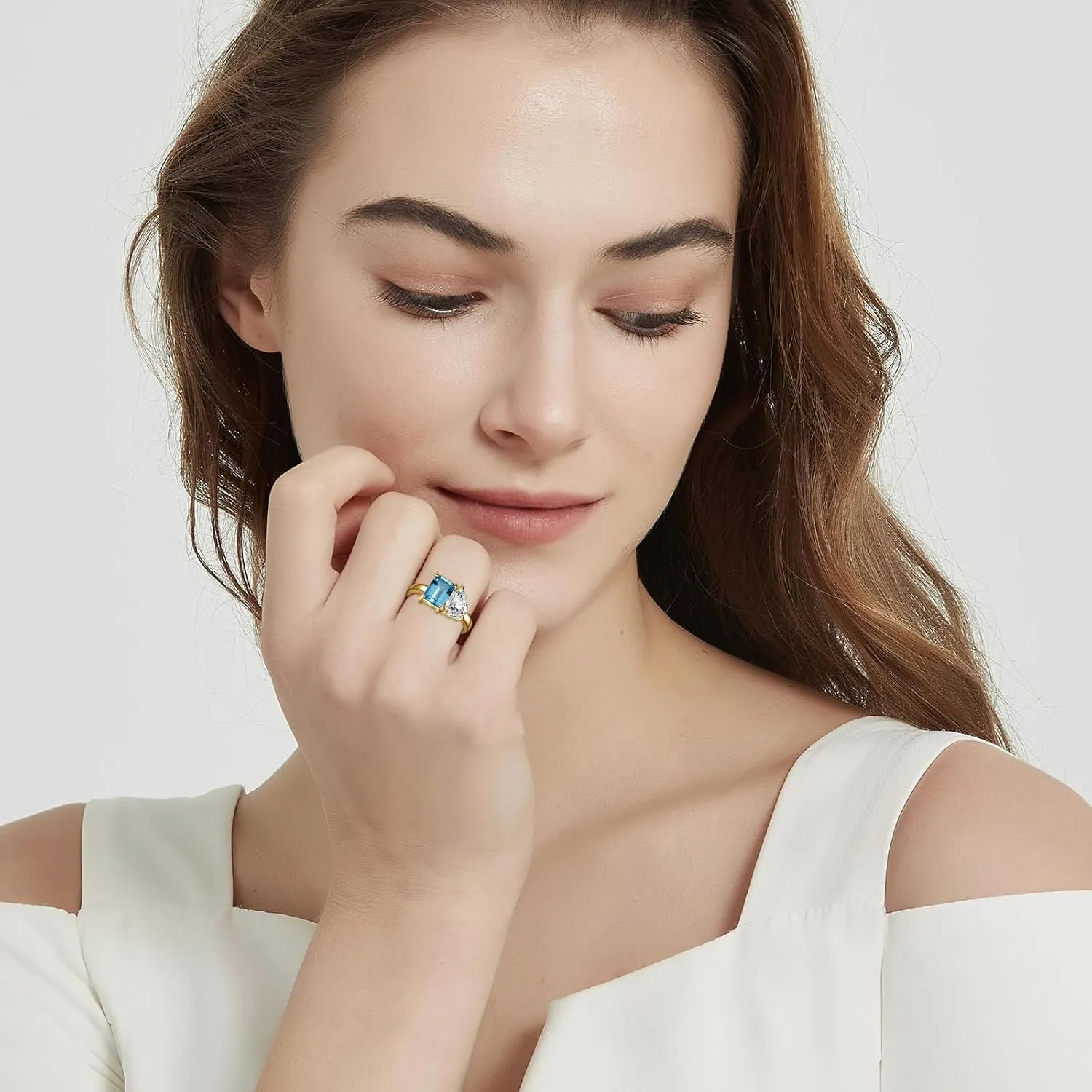 Toi Et Moi 925 Sterling Silver Women Engagement Ring 14K Gold Plated 1.5ct 6x8mm Double Stone Emerald & Pear Aquamarine Cut Wedding Band Width 2mm Size 5-9