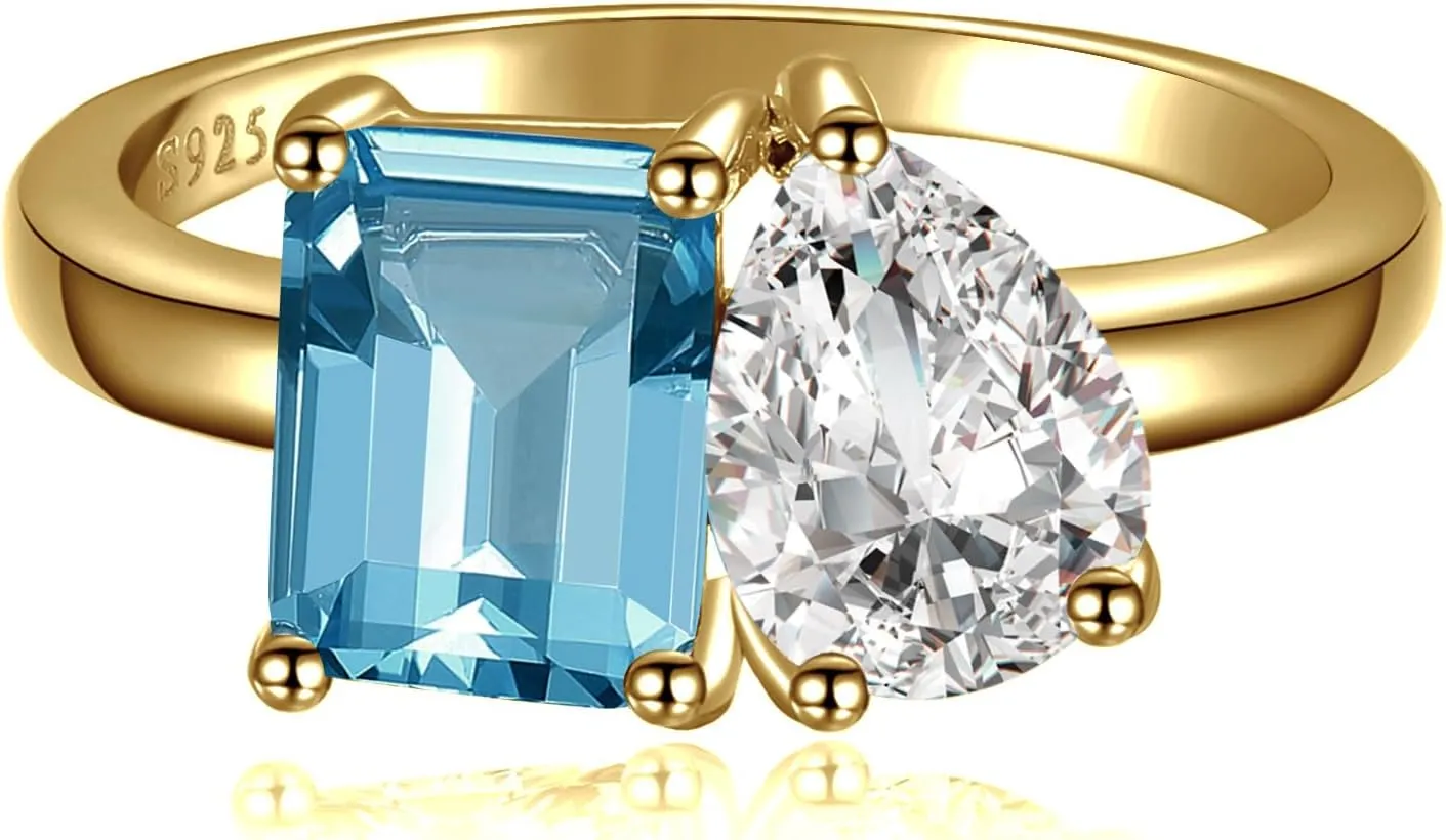 Toi Et Moi 925 Sterling Silver Women Engagement Ring 14K Gold Plated 1.5ct 6x8mm Double Stone Emerald & Pear Aquamarine Cut Wedding Band Width 2mm Size 5-9