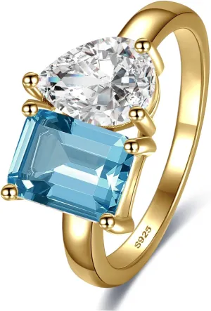 Toi Et Moi 925 Sterling Silver Women Engagement Ring 14K Gold Plated 1.5ct 6x8mm Double Stone Emerald & Pear Aquamarine Cut Wedding Band Width 2mm Size 5-9