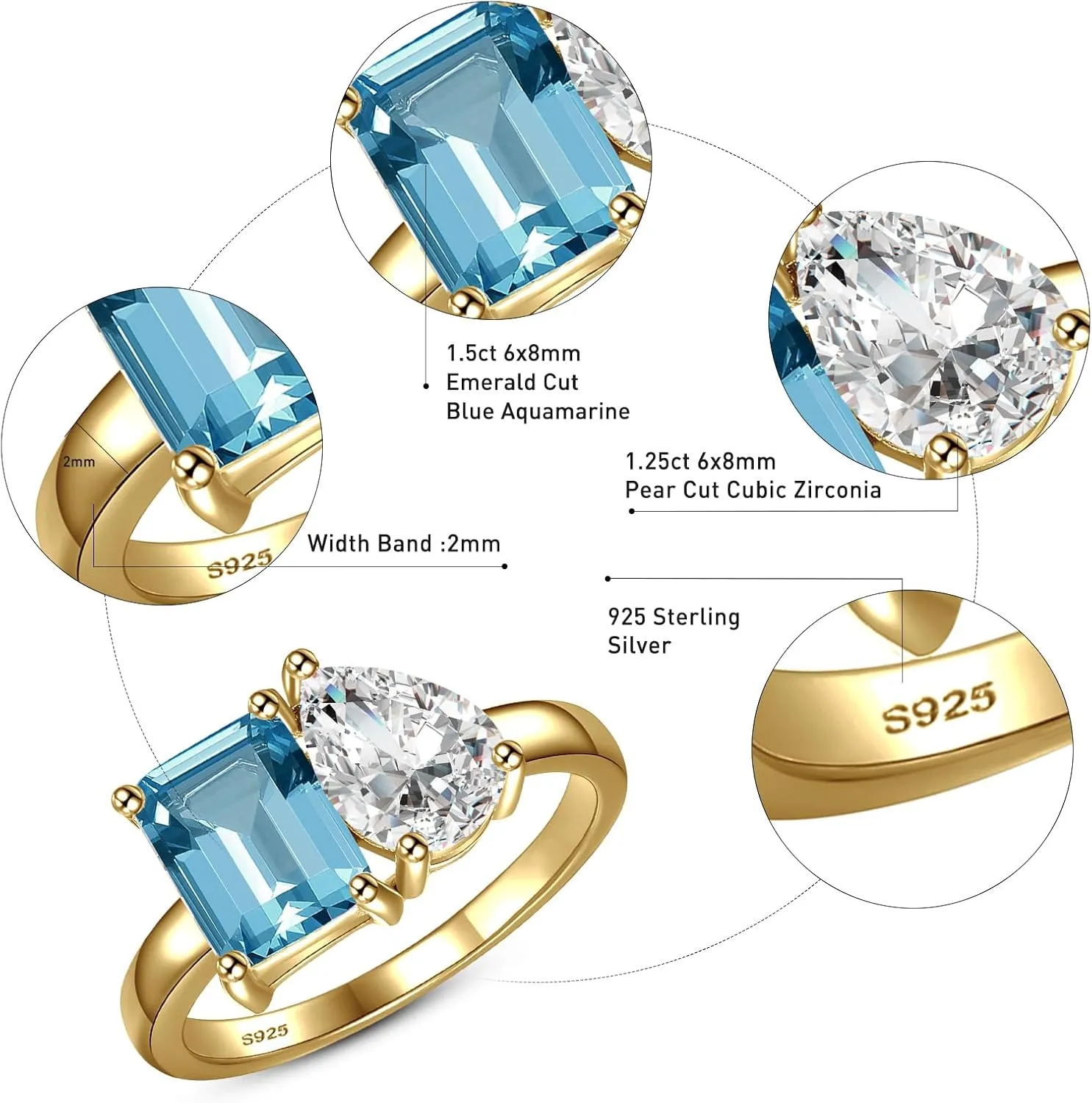 Toi Et Moi 925 Sterling Silver Women Engagement Ring 14K Gold Plated 1.5ct 6x8mm Double Stone Emerald & Pear Aquamarine Cut Wedding Band Width 2mm Size 5-9