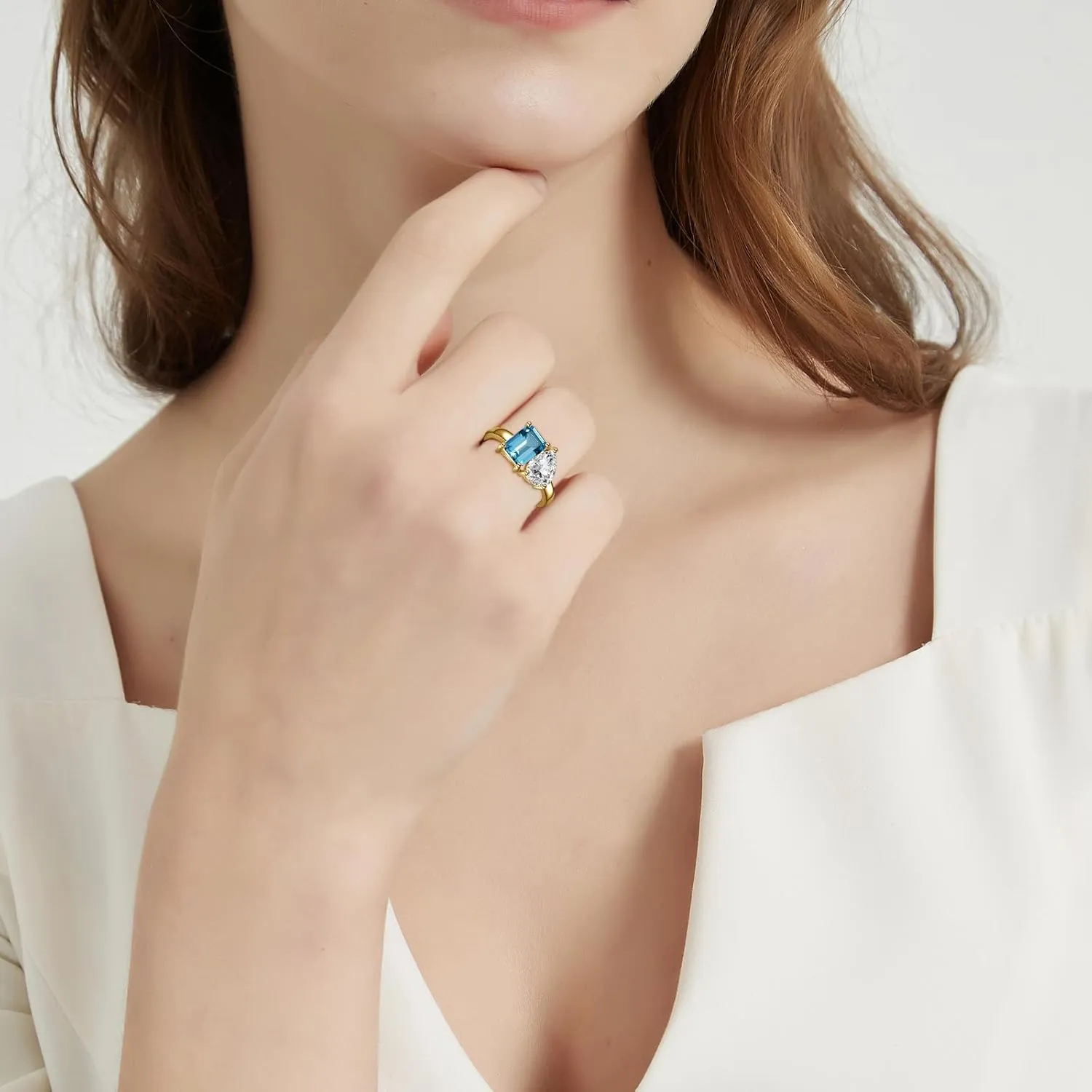 Toi Et Moi 925 Sterling Silver Women Engagement Ring 14K Gold Plated 1.5ct 6x8mm Double Stone Emerald & Pear Aquamarine Cut Wedding Band Width 2mm Size 5-9