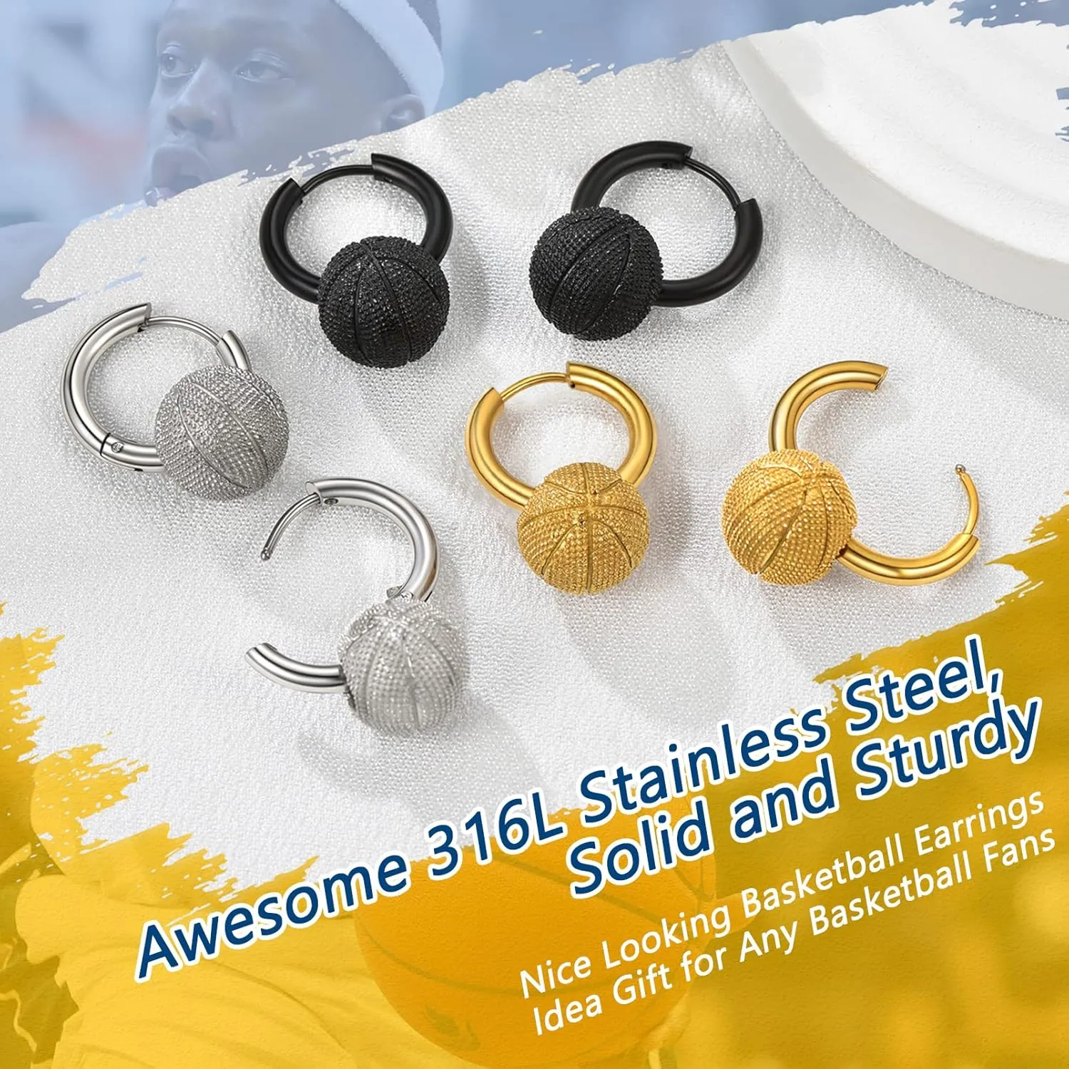 Trendy 3D Ball Dangle Earrings Sport Fan Jewelry, Baseball/Football/Volleyball/Basketball Earrings, Hypoallergenic, 316L Stainless Steel Silver/Gold/Black Tone, Come Box
