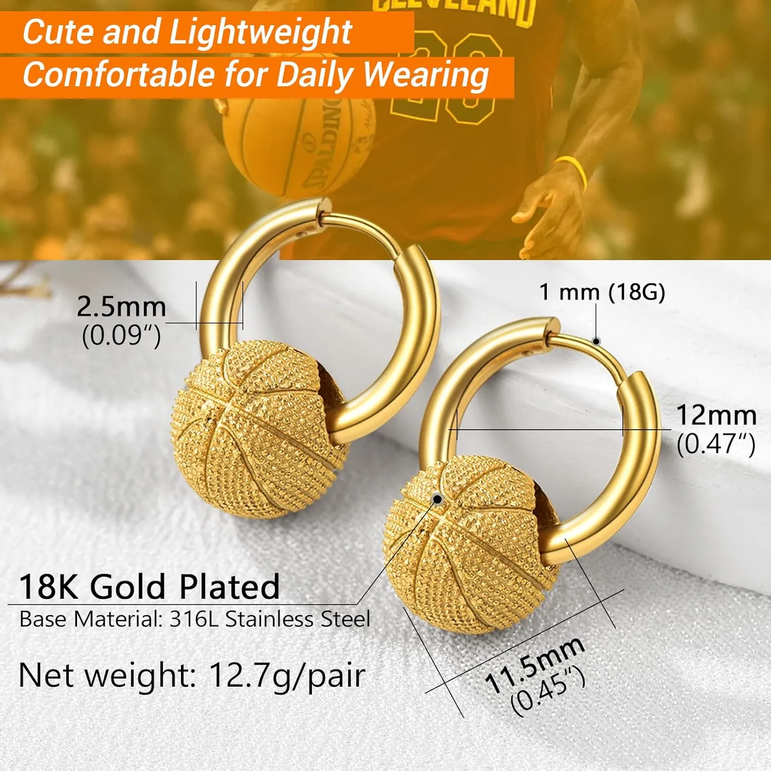 Trendy 3D Ball Dangle Earrings Sport Fan Jewelry, Baseball/Football/Volleyball/Basketball Earrings, Hypoallergenic, 316L Stainless Steel Silver/Gold/Black Tone, Come Box