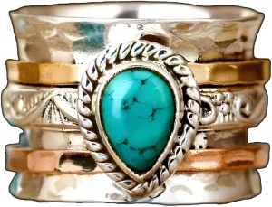 Turquoise Rings for Women Men Sterling Silver Plated Turquoise Ring Jewelry Boho Vintage Natural Dainty Western Statement Stone Rings