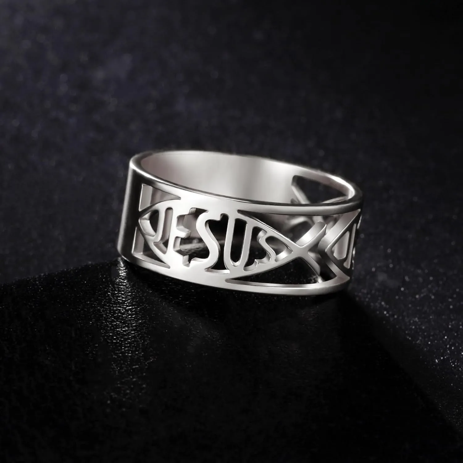 UNIFT Jesus Fish Rings For Men Women Stainless Steel Skeleton Style Christian Symbol Jesus Fish Rings Faith Jewelry