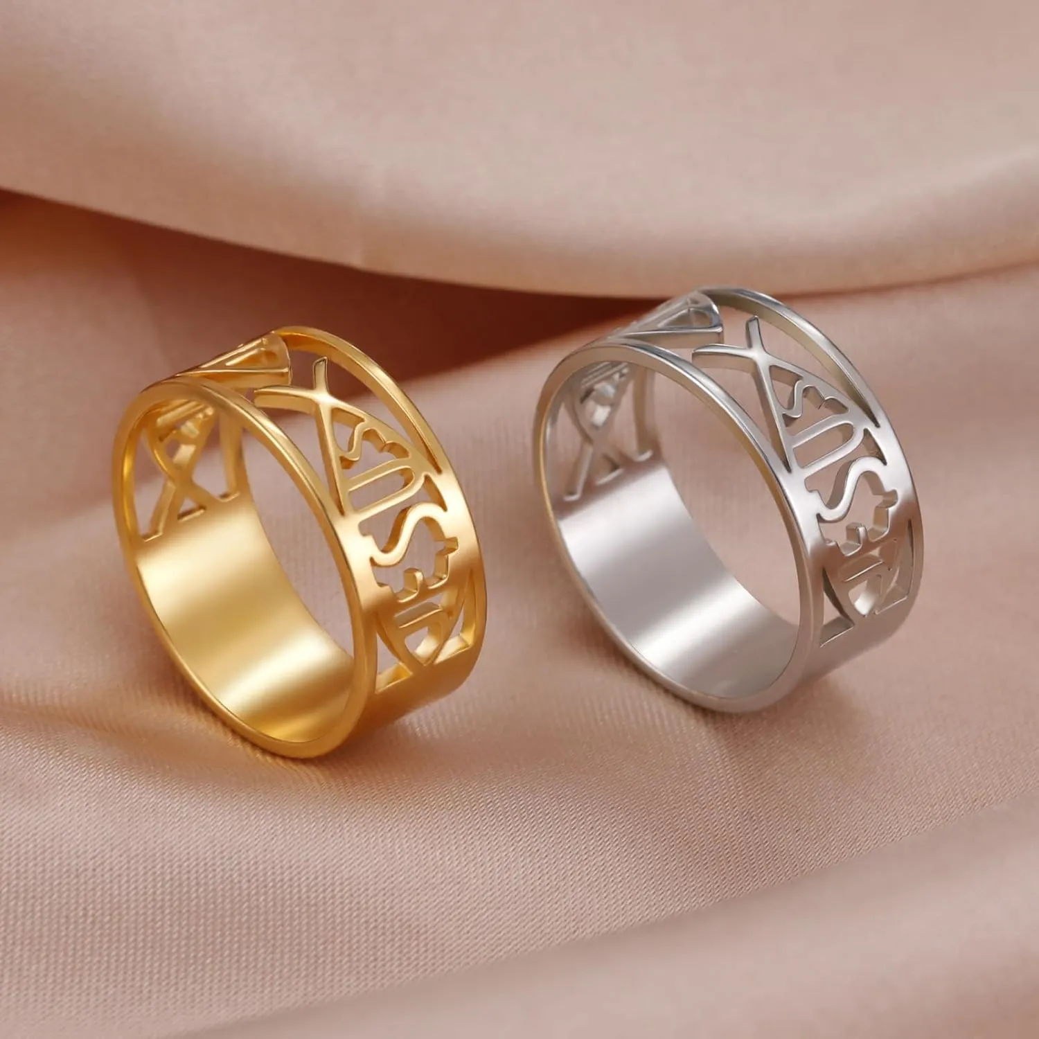 UNIFT Jesus Fish Rings For Men Women Stainless Steel Skeleton Style Christian Symbol Jesus Fish Rings Faith Jewelry