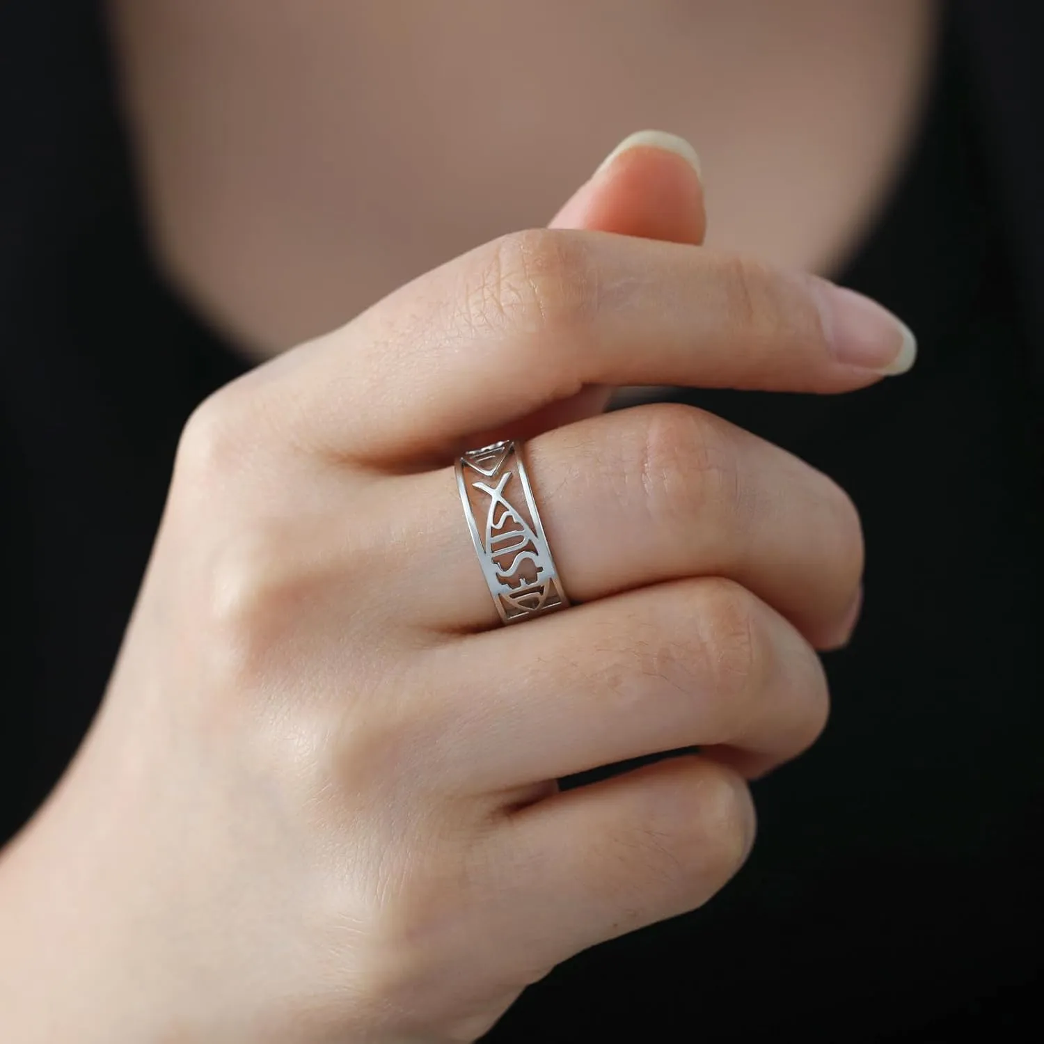 UNIFT Jesus Fish Rings For Men Women Stainless Steel Skeleton Style Christian Symbol Jesus Fish Rings Faith Jewelry