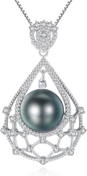 VIKI LYNN Tahitian Black Pearl Necklace for Women 10-11mm Single Genuine Freshwater Cultured Black Pearl Pendant with CZ Birthday Wedding Engagement Christmas gifts for Women, Mom, Her or Couple