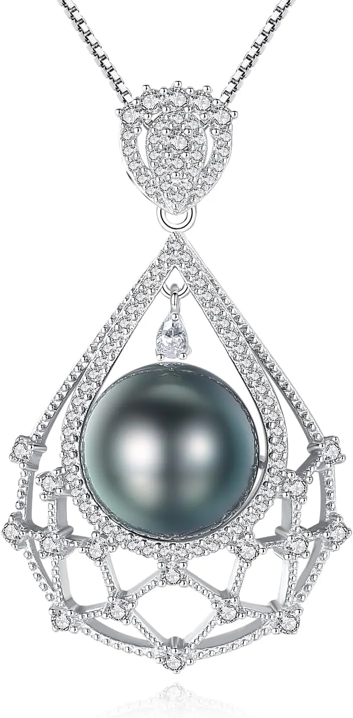 VIKI LYNN Tahitian Black Pearl Necklace for Women 10-11mm Single Genuine Freshwater Cultured Black Pearl Pendant with CZ Birthday Wedding Engagement Christmas gifts for Women, Mom, Her or Couple
