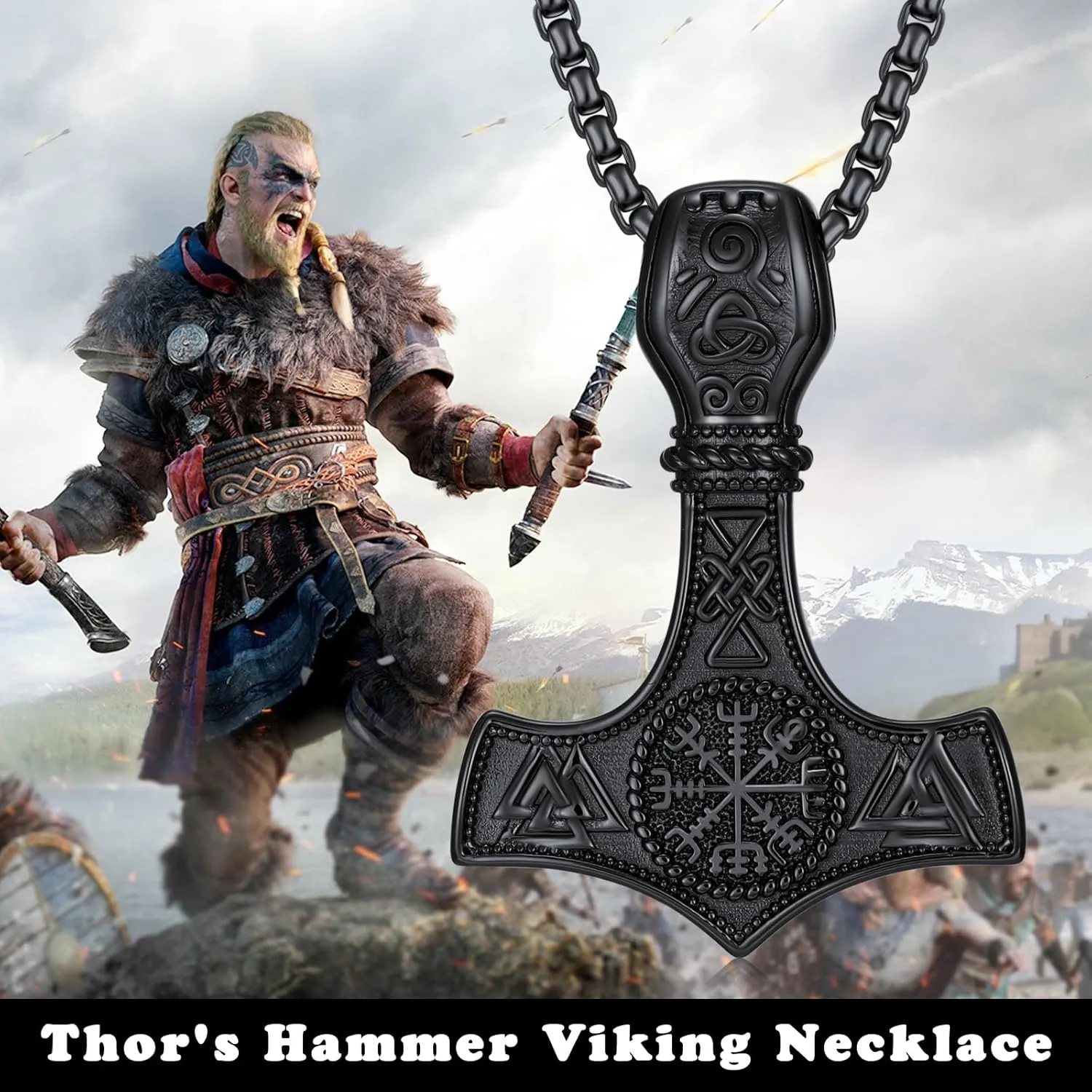 Viking Arrowhead/Thors Hammer/Axe/Wolf Necklace for Men 925 Sterling Silver Viking Norse Pagan Jewelry Gifts for Women