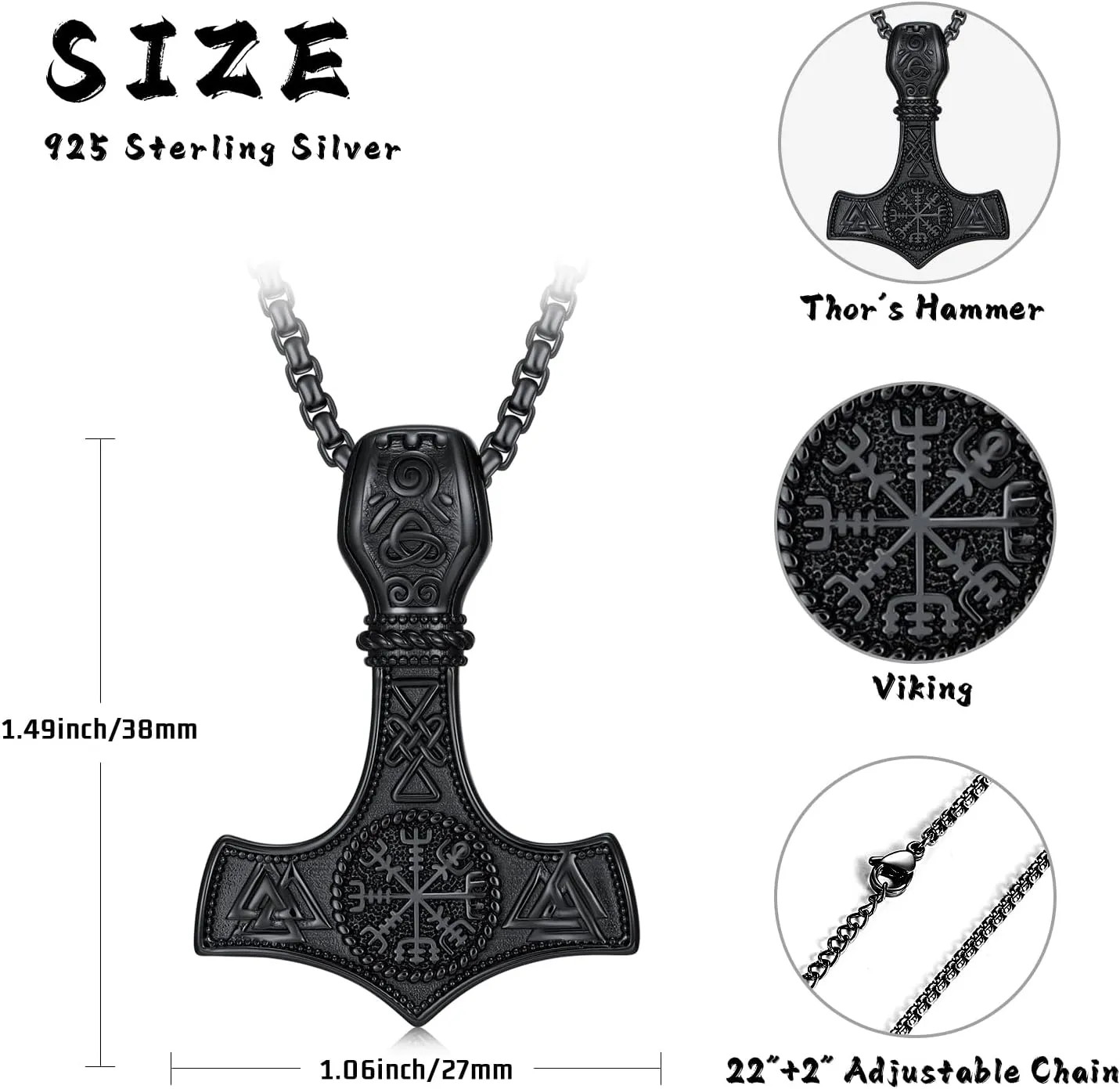 Viking Arrowhead/Thors Hammer/Axe/Wolf Necklace for Men 925 Sterling Silver Viking Norse Pagan Jewelry Gifts for Women