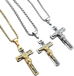 Vintage Catholic Jesus Pendant Necklace 316L Stainless Steel Cross Necklace Men Jewelry Gift Religious Christian Jewelry, As Pic