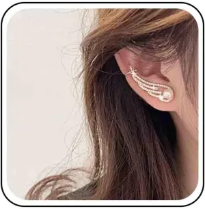 Vintage Crystal Angel Wing Ear Cuff Earrings Cz Pearl Stud Earrings Rhinestone Wing Ear Climber Earrings Gold Pearl Wing  Crawler Earrings Jewelry for Women (Left)