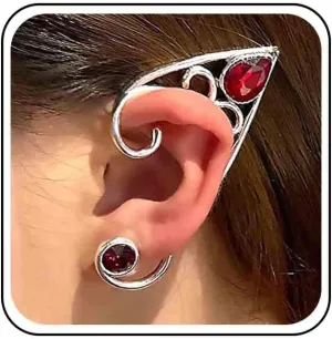 Vintage Crystal Ruby Elf Ear Cuff Earrings Elf Cartilage Earrings Teardrop Ruby Earrings Silver Elf Ear Wrap Earrings Jewelry for Women