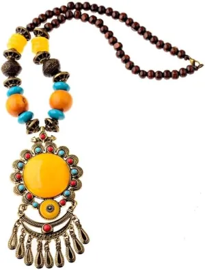 Vintage Nepal Long Buddhist Stone Flower Pendant & Necklace For Women Boho Beads Tassel Wood Necklace Lucky Jewelry