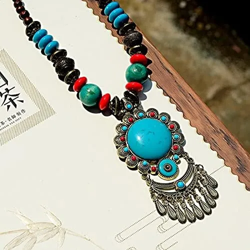 Vintage Nepal Long Buddhist Stone Flower Pendant & Necklace For Women Boho Beads Tassel Wood Necklace Lucky Jewelry