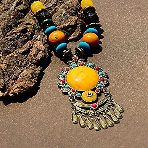 Vintage Nepal Long Buddhist Stone Flower Pendant & Necklace For Women Boho Beads Tassel Wood Necklace Lucky Jewelry