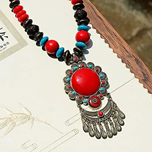 Vintage Nepal Long Buddhist Stone Flower Pendant & Necklace For Women Boho Beads Tassel Wood Necklace Lucky Jewelry