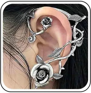 Vintage Punk Flower Ear Cuff Wrap Earrings Flower Ear Clip Wrap Around Earring Silver Flower Branch Wrap Earrings Flower Climber Earrings Jewelry for Women