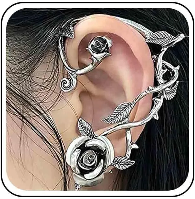 Vintage Punk Flower Ear Cuff Wrap Earrings Flower Ear Clip Wrap Around Earring Silver Flower Branch Wrap Earrings Flower Climber Earrings Jewelry for Women