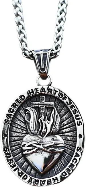 Vintage Sacred Heart Of Jesus Pendant Stainless Steel Men's Women's Catholic Religious Cross Pendant Chain Necklace Jewelry Gift, As Pic