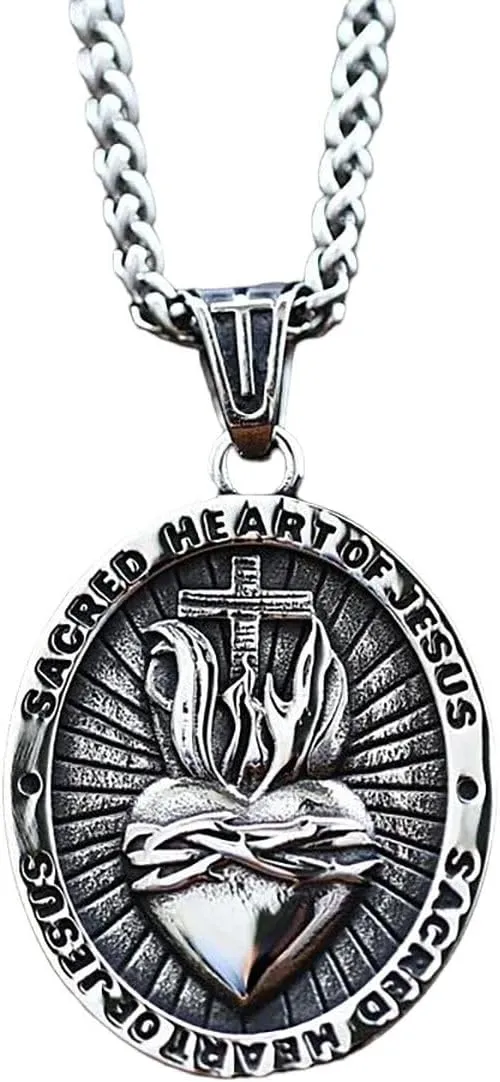 Vintage Sacred Heart Of Jesus Pendant Stainless Steel Men's Women's Catholic Religious Cross Pendant Chain Necklace Jewelry Gift, As Pic