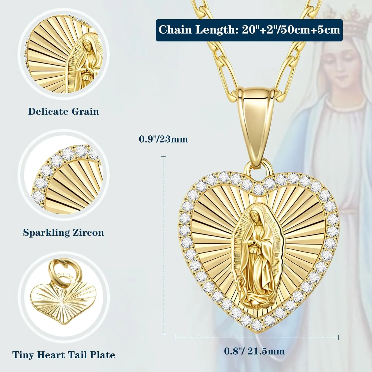 Virgin Mary Necklace for Women, 14K Gold Plated Guadalupe Necklace Mother Mary Catholic Gift, Cubic Zirconia Virgen de Guadalupe Charm Pendant Lady of Guadalupe Mexican Jewelry, 18/20/24 IN Chain