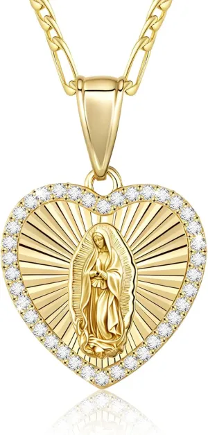 Virgin Mary Necklace for Women, 14K Gold Plated Guadalupe Necklace Mother Mary Catholic Gift, Cubic Zirconia Virgen de Guadalupe Charm Pendant Lady of Guadalupe Mexican Jewelry, 18/20/24 IN Chain