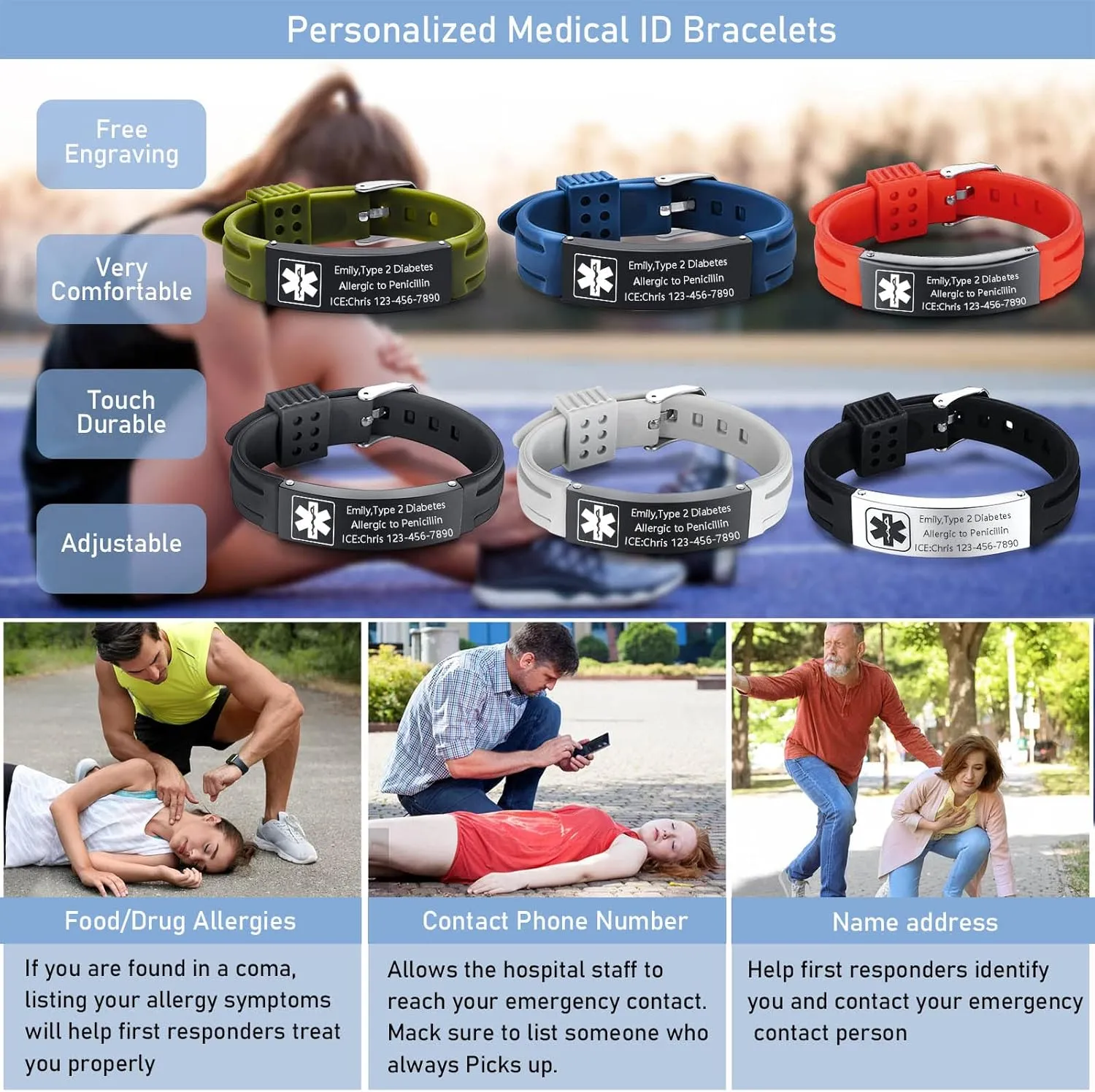 VNOX Medical Alert Bracelets for Men & Women Kids with Free Engraving Adjustable Stainless Steel Mesh Emergency Medical ID Bracelets Wristband