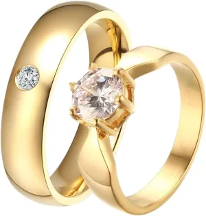 Wedding Rings Women and Men, Stainless Steel Couple Wedding Bands Set 5MM Polished Round Cubic Zirconia Gold Rings Set