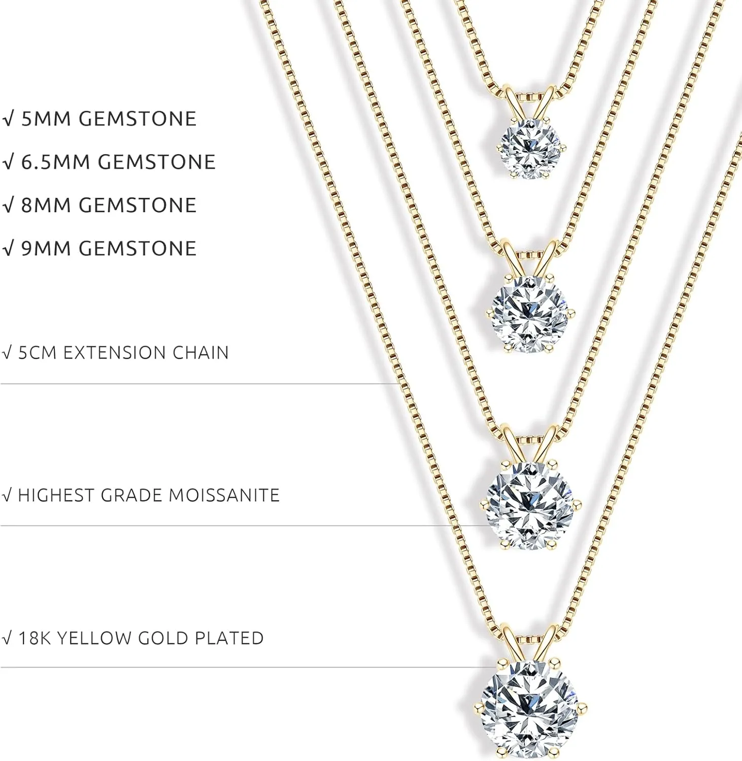 WOAINI 0.5/1/2/3 Carat Moissanite Solitaire Pendant Necklace in 925 Sterling Silver, Adjustable Necklaces Pendant 6-Prong-Set with Moissanite, 18" 2", Jewelry Gift for Women