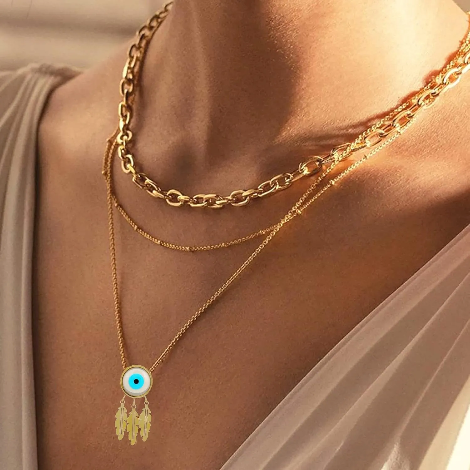 Women's Protection Necklace - Gold Evil Eye Pendant Trendy Layered Necklaces Fashion Jewelry for Women Grils