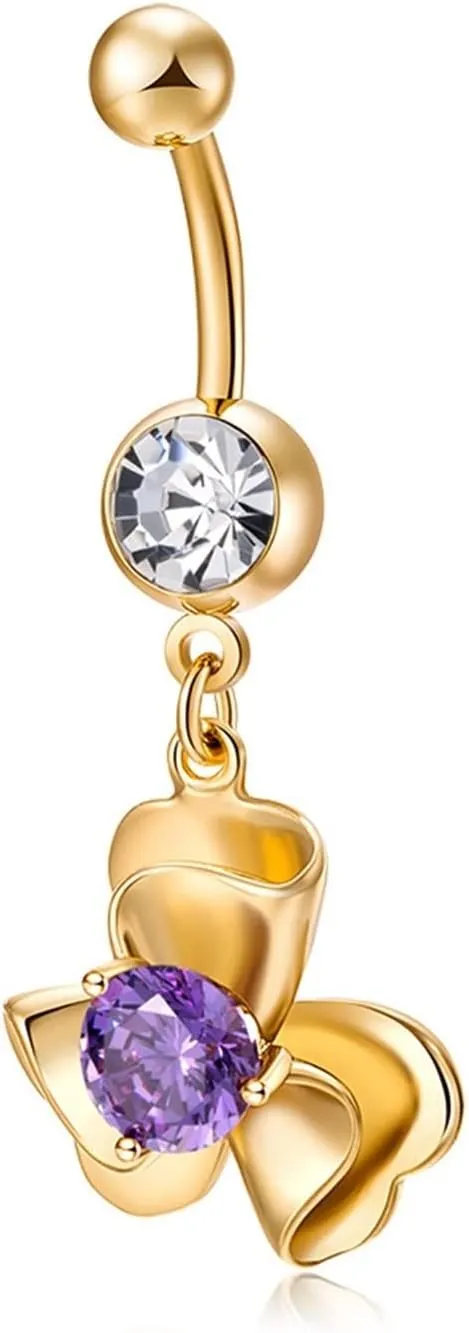 Wycian Cute Piercing Jewelry, Gold Belly Chain Cubic Zirconia Surgical Steel 3 Petals Flower 5.46G for Women Girls Body Piercing Jewelry