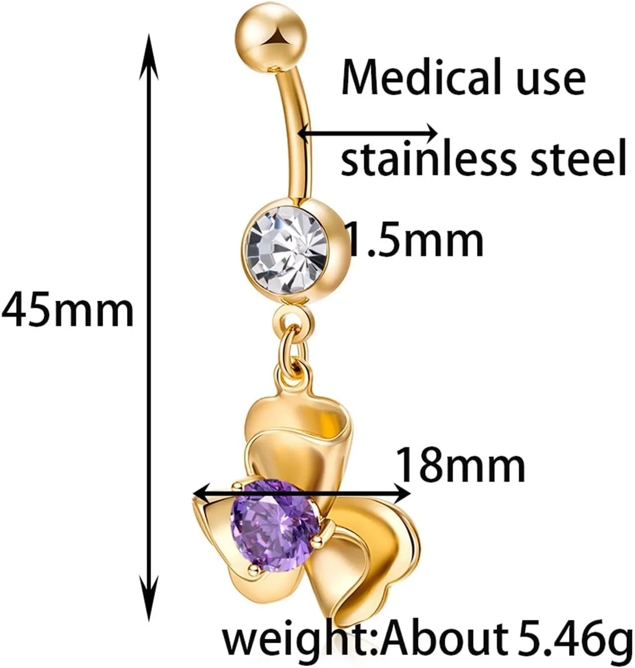 Wycian Cute Piercing Jewelry, Gold Belly Chain Cubic Zirconia Surgical Steel 3 Petals Flower 5.46G for Women Girls Body Piercing Jewelry
