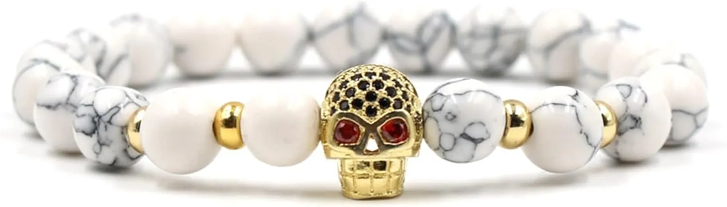 Wycian Mens Surgical Steel Bracelet, Skull Bracelet for Men Beads Magnesite White Turquoise with Zirconia Skull Nature Stones for Mother's Day