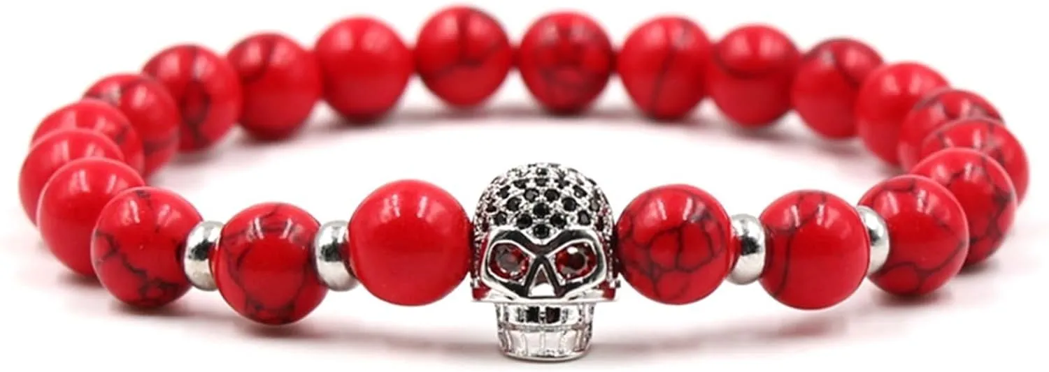 Wycian Mens Surgical Steel Bracelet, Skull Bracelet for Men Beads Magnesite White Turquoise with Zirconia Skull Nature Stones for Mother's Day